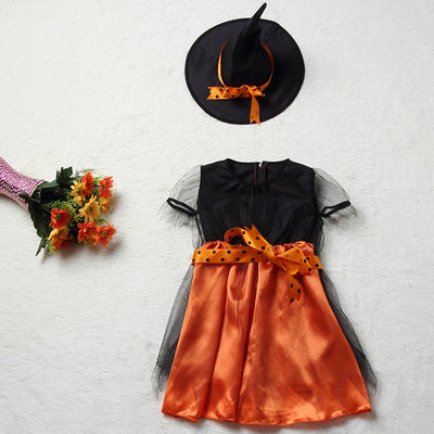 Kid's Pumpkin Faerie Witch Princess Cosplay Costumes Rayon Silk Grenadine Dresses Hat Belt 3Pcs Set Halloween Cosplay Costumes