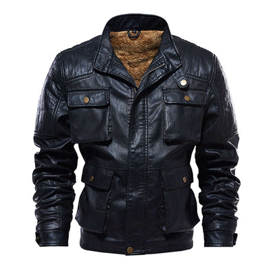 Men's Winter Velvet Distressed Motorcycle Overcoat Vintage Multi-Pockets Leather Outwear Outercoat