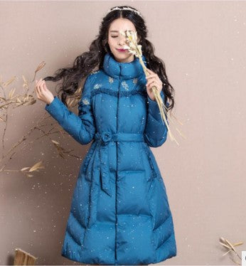 S-3XL 2022 New Fashion Winter Floral Embroidery Women Thicken Parkas Inside White Duck Jacket Coat Lady Slim Pocket Outwear