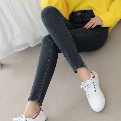 Korean Women's Curvy High Rise Skinny Jeans Solid Color Jeans Women's Small Feet Pencil Pants Stretch Skinny Nine-point Pants