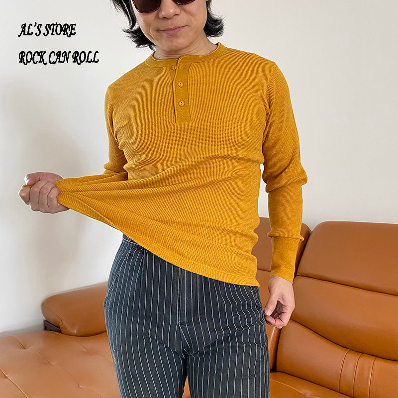 AL6117 Asian Size 300GSM 10.5oz Casual Henley Tee Cotton Super Flexible Waffle Pattern T Shirt 12 Colours