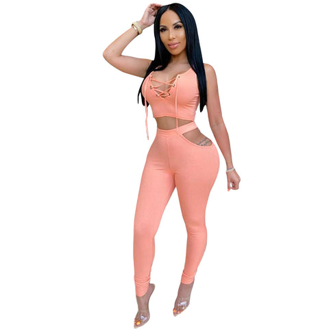 Summer Tracksuit Women Two Piece Set Hollow Out Crop Tops And Long Pants Set 2 Piece Joggers Set Sexy Sportswear Outfits