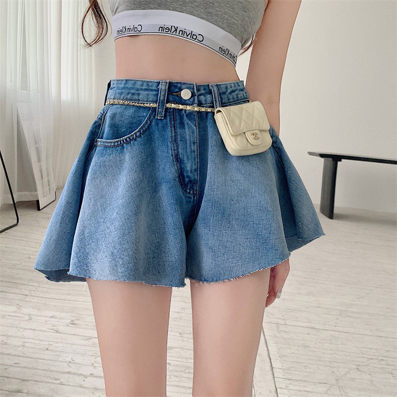 Women 2021 Summer Y2K Loose Hot Skirts Shorts Blue Female High Waist Korean Denim Wide Leg Jeans Streetwear Shorts with Pockets