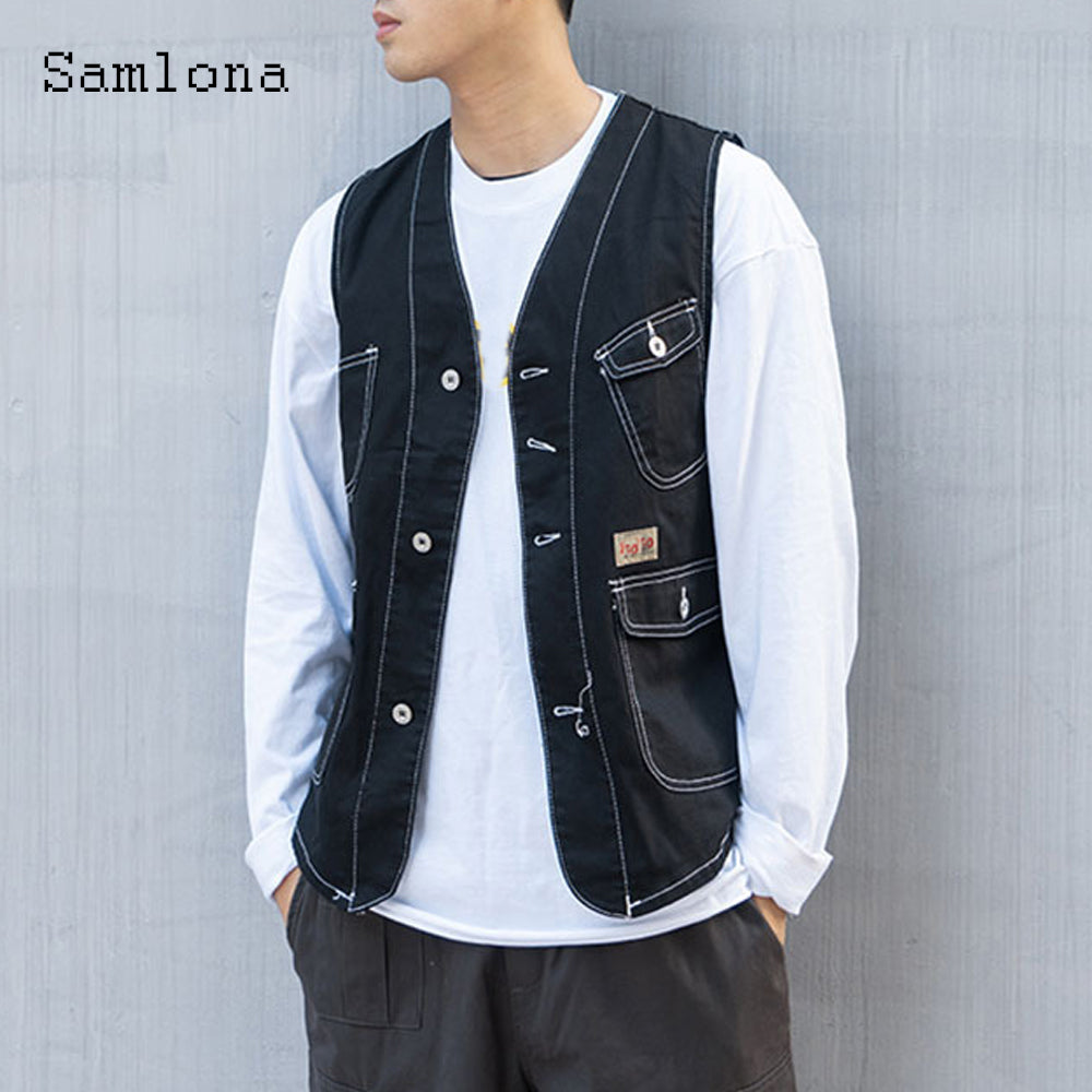 Samlona Men&#39;s Casual Denim Jackets 2022 Single Breasted Tops Sexy Multi-pockets Jean Vest Men Sleeveless Fashion Jeans Outerwear
