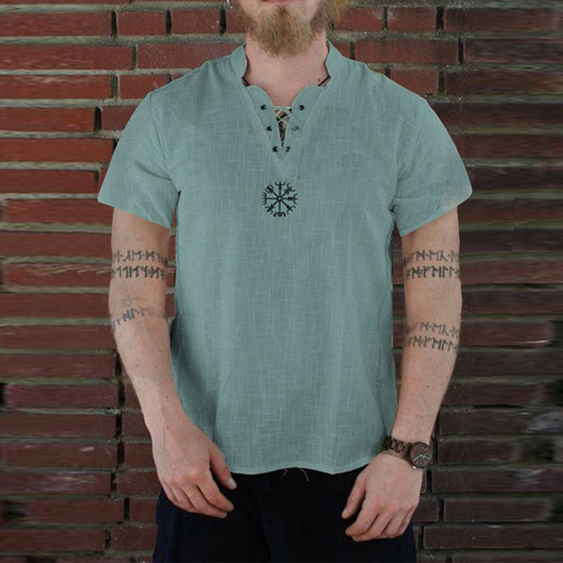 Medieval Viking Clothing for Men Linen Top Shirt Costume Renaissance Mens Nordic Retro Cotton V-Neck Tie T-Shirt Cosplay Coat