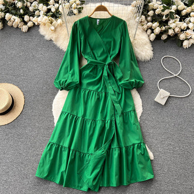 Pleated Y2K V-neck Dress Summer Woman Long Lantern Sleeve Maxi Dresses for Women Lace Korean Style Vestidos Femme Dropshipping
