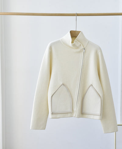 2022Fall/winter stand-collar cardigan long sleeve leather stitching full cashmere warm jacket