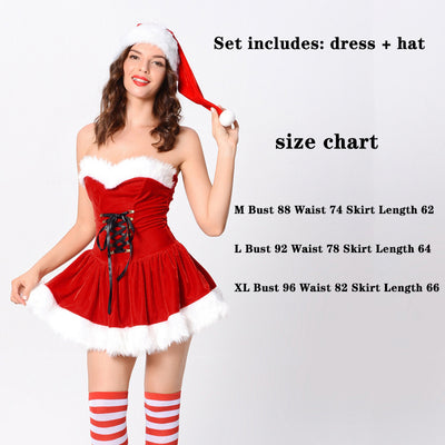 2021 Women's Sexy Christmas Dress Santa Claus Cosplay Red Velvet Lacing Mini Dress Costume With Hat Holiday Gift For Female