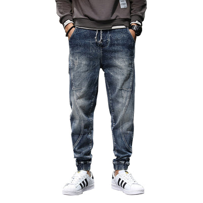 Jeans For Men Blue Jogging Pants Drawstring Elastic Waist Streetwear Fashion Casual Denim Pants Kpop Man Jeans Patch Oversized