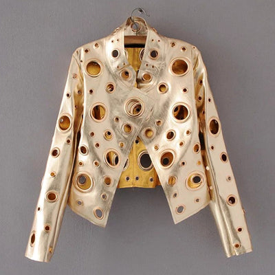 Short Women Slim American Fashion Personality Hollow Hole Rivet Rock Faux Leather Jacket Motorcycle Biker PU Leather Jacket