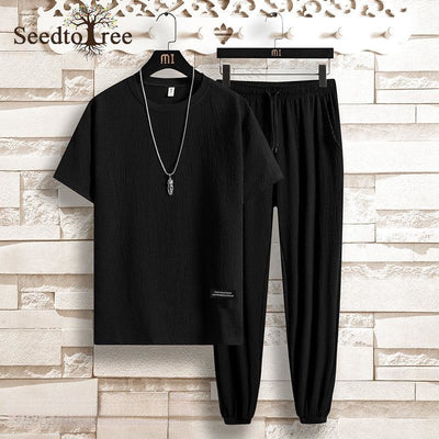 Summer Thin Men&#39;s Set Solid Color Short Sleeve O-neck T-Shirt Elastic Waist Casual Pants Two Piece Suit