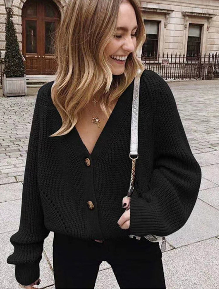 Zoki Women Knitted Cardigans Sweater Fashion Autumn Long Sleeve Loose Coat Casual Button Thick V Neck Solid Female Tops 2022