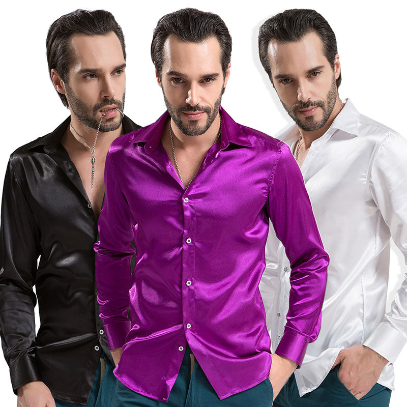 Men&#39;s Party Fashion Trend Tuxedo Shirts Bright Colors Silk Smooth Long Sleeves Solid Color Buttons Shirt for Men