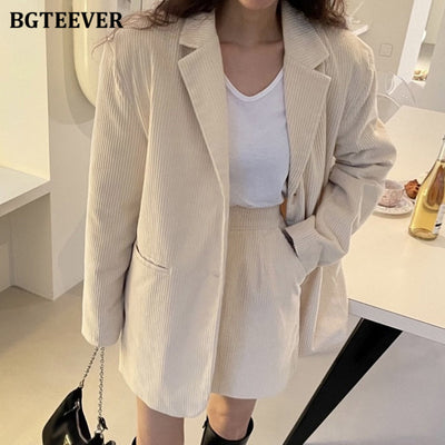 BGTEEVER Vintage Loose Women Corduroy Skirt Suits Full Sleeve Single-breasted Blazer & Mini Skirts Elegant Ladies 2 Pieces Set
