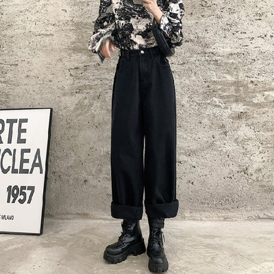 21Autumn And Winter New Women's Waist Adjustable Wide-Leg Jeans High Waist Loose Straight Dad Draping Mop Denim Trousers Fashion