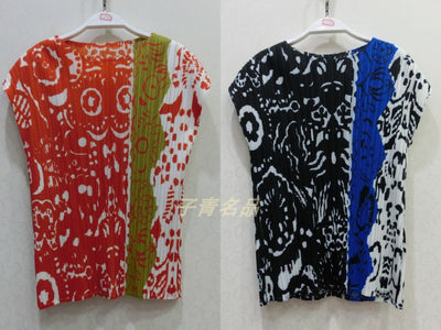 HOT SELLING Miyake fashion pleated high-elasti o-neck print short sleeve Slim fit T-shirt IN STOCK