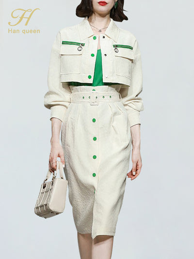 H Han Queen Autumn 3 Pieces Set Women Short Coat + Sling And High Waist Bud Pencil Skirts Casual Simple Office Lady Skirt Suit