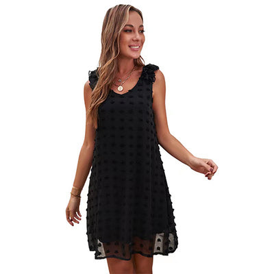 2021 Summer New Fashion V-neck Solid Color Casual Loose Sleeveless Small Hair Ball Lotus Leaf Open Back Dress