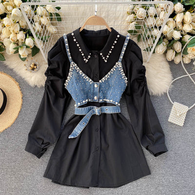 Patchwork Diamond Pearl Set For Women Lapel Long Sleeve Shirt Short Denim Vest Chic Two Piece Sets Female Fashion