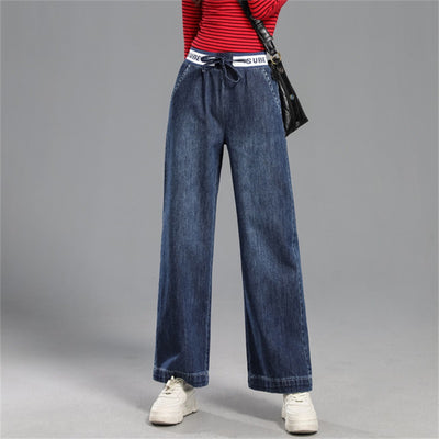 Free Shipping For Women 2021 High Waist Wide Leg Jeans Elastic Waist Loose Mopping Pants Straight Drop Pants