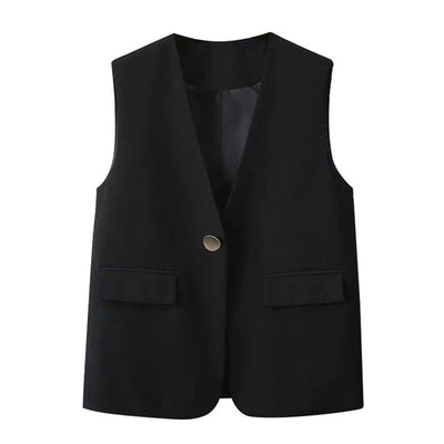 New 2022 Women Spring Autumn Office All-match Elegant Pocket Waistcoats Female Buttons Side-slit V-neck Solid Color Vest W04