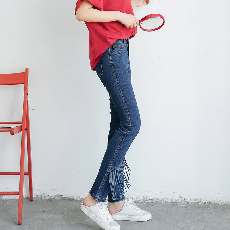 Free shipping 2021 women&#39;s new tassel feet jeans slim stretch jeans