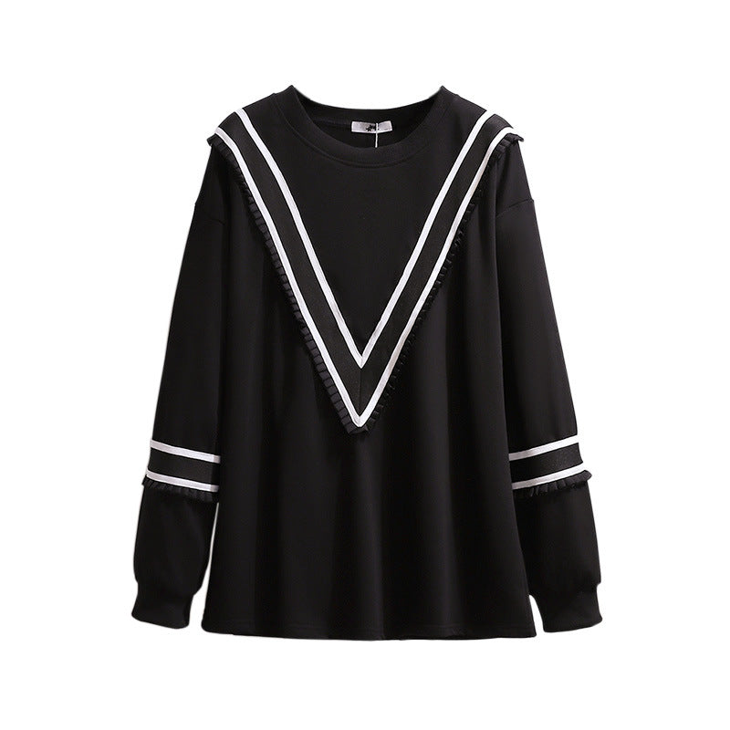 New Ladies Autumn Winter Plus Size Women Clothing Tops Large Long Sleeve Loose Black Stripe Cotton T-shirt 3XL 4XL 5XL 6XL 7XL