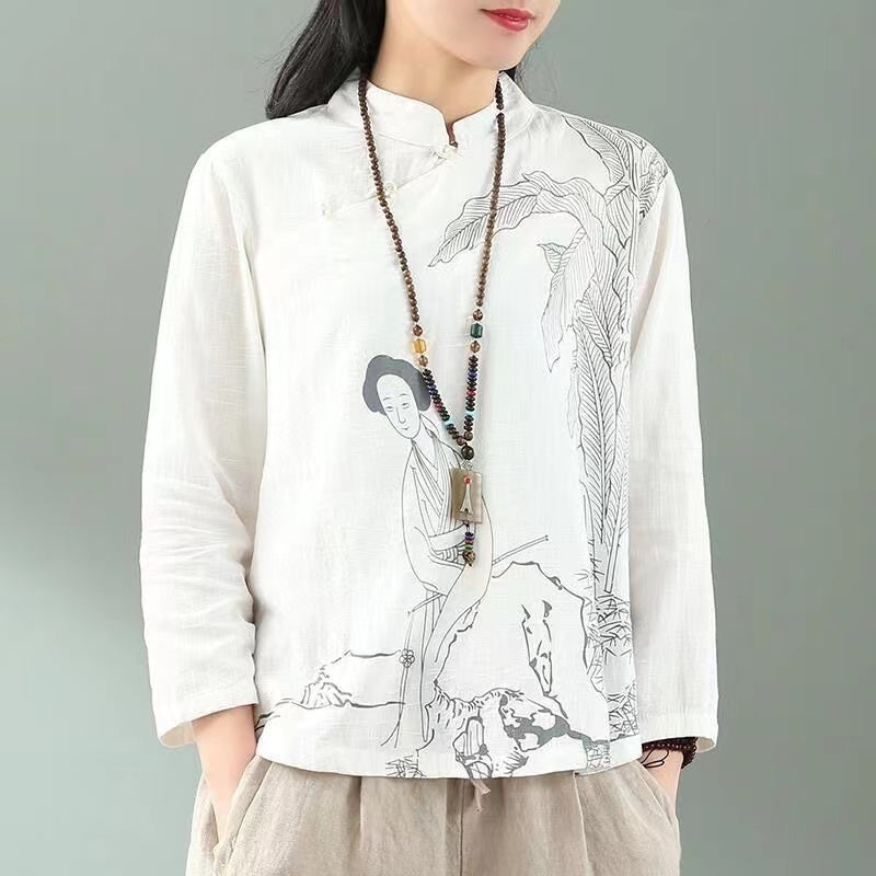 Summer Shirt Chinese Traditional Style Long Sleeve Tops Retro Women Clothing Daily Embroidery FemaleTang Suit Blouse