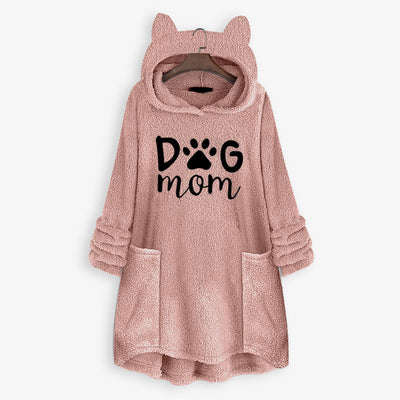 Women Fleece Embroidery Cat Ear Hoodie Pocket Top Sweater Blouse