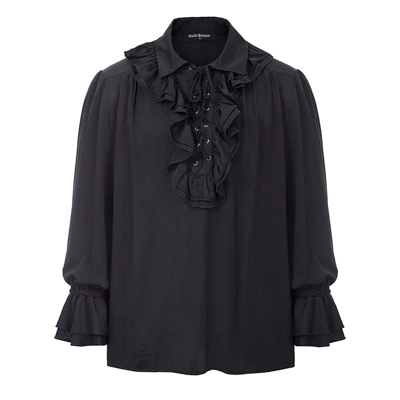 Black Lace Up Ruffles Turn Down Collar Flare Sleeves Renaissance Pirate Cosplay Retro Gothic Shirt Medieval Victorian Top Men