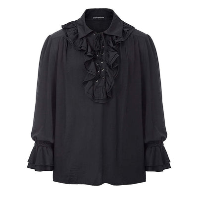 Black Lace Up Ruffles Turn Down Collar Flare Sleeves Renaissance Pirate Cosplay Retro Gothic Shirt Medieval Victorian Top Men