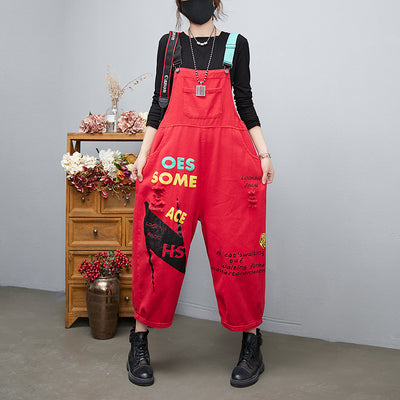 Aricaca Women M-2XL Loose Overalls Plus Size Long Jeans Jumpsuits Ladies Sleeveless Ripped Red Black Denim Jumpsuits
