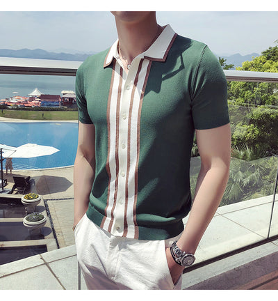 Stripe Contrast Knit Polo Shirt British Men Fashion Short Sleeve Polo Camisa Masculina Polo Playera Polo Hombre Black Green