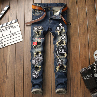 Men's Retro Blue Jeans Pencil Pants Patch Skulls Pattern Patchwork Embroidery Long Trousers Holes J70