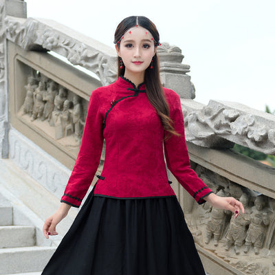 Sheng Coco Long Sleeve Chinese Blouse Drak Red Blouse Cotton Linen Qipao Shirt Long Sleeve Cheongsam Blouse Chinese Clothing