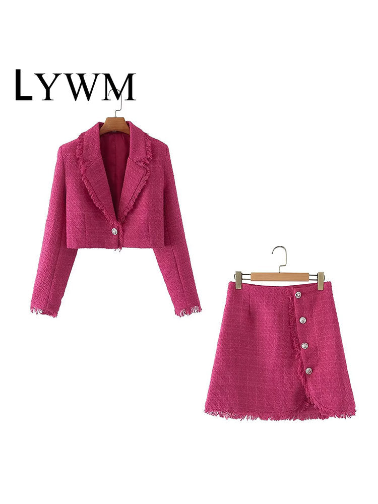 LYWM Two piece set Women suits Cropped Blazer and Mini Skirt Elegant High Fashion Chic Lady 2 piece set Women blazer set