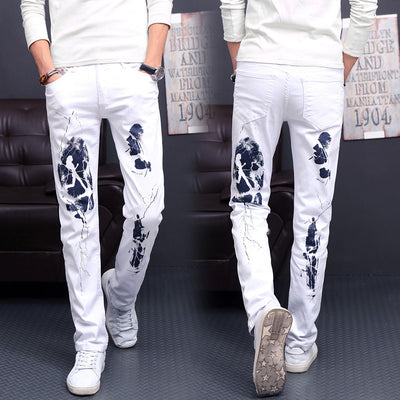 Fashion Trendy Color printing Human head Flash pattern pattern Men Skinny Runway Zipper Denim Pants Destroyed Jeans White