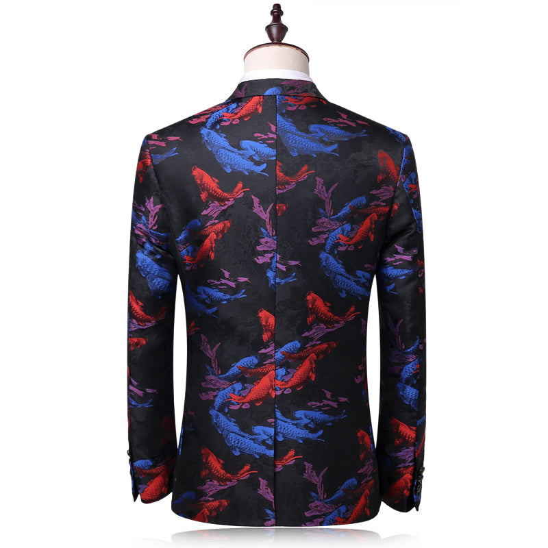 Stylish Printed Men Suit Slim Fit Koi Fish Pattern Chinese Style Stage Wear Vintage Mens Suits With Pants M-4XL (Blazer+Pants)