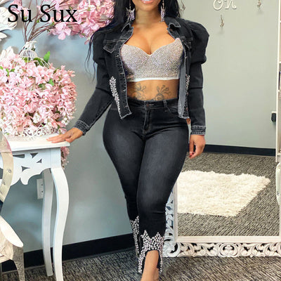 High Quality Plus Size Suit Jeans 2 Piece Set Tracksuit Women Denim Beading Short Coat Top and Pencil Pants Suit Black Outfits