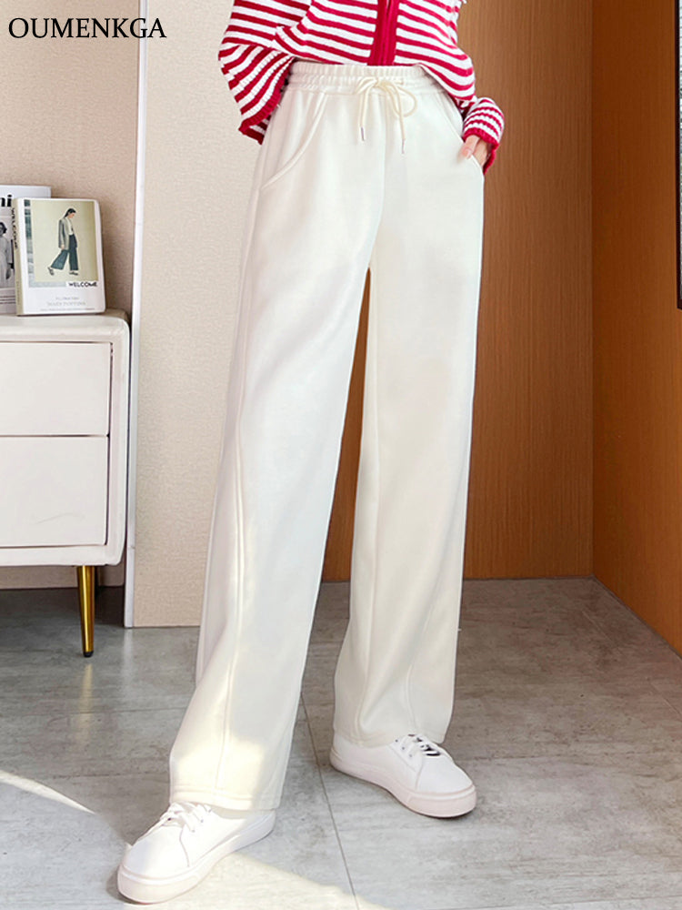 OUMENKGA Fashion Women Autumn Winter Cotton Pants Wide Leg Casual Pleated Female New High Waist Floor-Length Loose Trousers 4XL