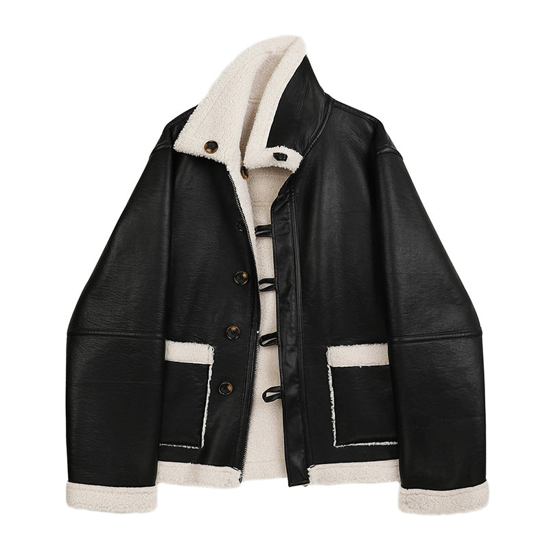 New Winter Lambswool Both Side Wear PU Leather Jacket Women Loose Lapel Long Sleeve Coat Single Breasted Warm Outwear