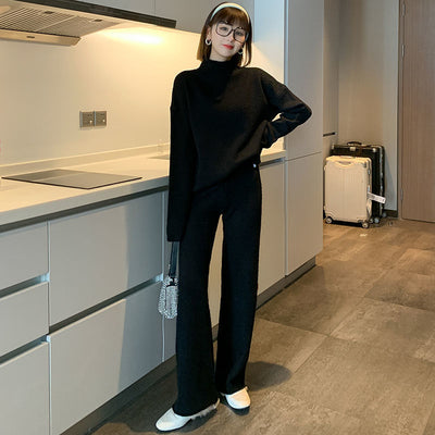 Women Solid Knitted 2 Piece Sets Casual Turtleneck Long Sleeve Sweater and Wide Leg Pant Suit Autumn Winter Loose Outfits H223