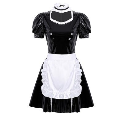 TiaoBug Adults French Maid Cosplay Halloween Women Sexy Costumes Puff Sleeve Black Patent Leather Dress with Apron Choker Set