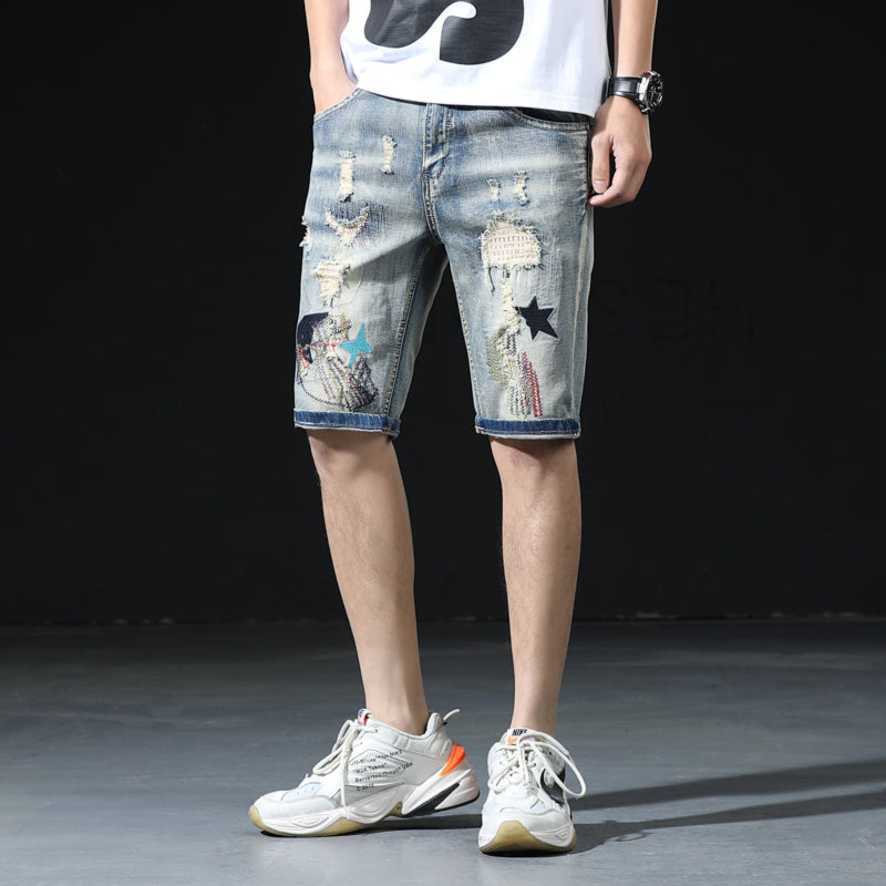 embroidery Men Ripped Distressed Denim Shorts Hollow Out Bermuda Summer Vintage Hole Cowboys jeans Shorts