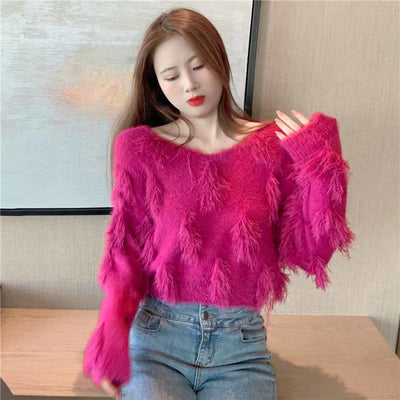 2022 V-neck Mink Fake Fur Mohair Sweater Women&#39;s Thickened Pullover Base Winter Loose Oversized PullMohair
