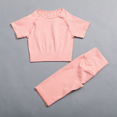 2Pcs Seamless Yoga Set Women Gym Fitness Yoga Suit High Waist Shorts Short Sleeve Crop Top Running Shorts Workout Tracksuit
