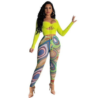 Wholesale Items Tracksuits Women Fall Slim 2 Piece Set Outfits Long Sleeve Bandage Lace Up Crop Top + Legging Bulk Lots X8124