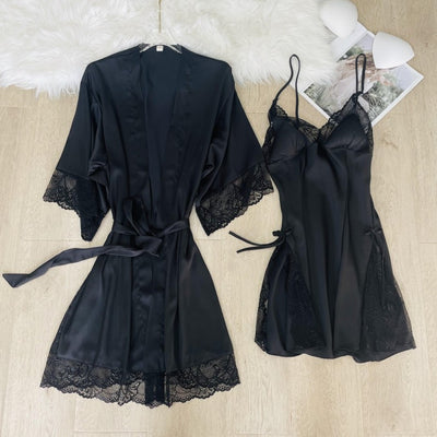 Sexy Women Sleepwear Patchwork Hollow Out Lace Wedding Robe Nightgown Spring Summer Silk Satin Nightdress Half Sleeve Bathrobe
