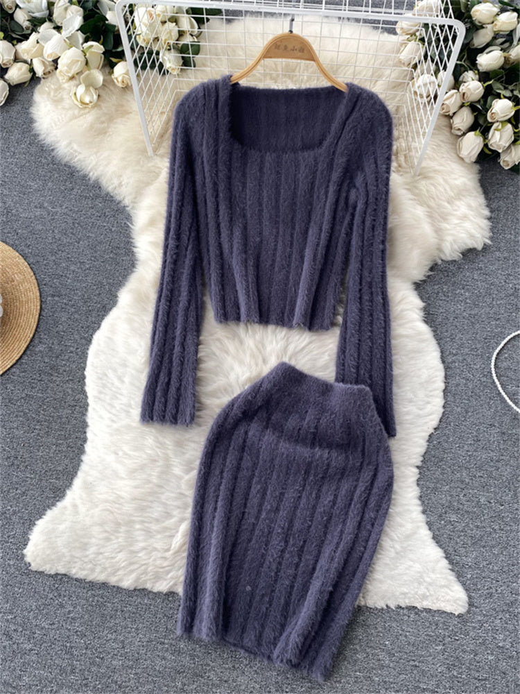 New Soft Mohair Sweater Skirt Suits Female Autumn Sexy Slim Bodycon Skirt Two Piece Set Women Square collar Knitted 2 Piece Sets
