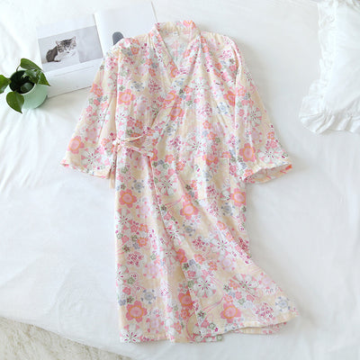 Kimono Women Japanese Yukata Three Quarter Sleeve Floral Tie Summer Clothing Cute V Neck Breathable Pajamas Elegant Long Kimono